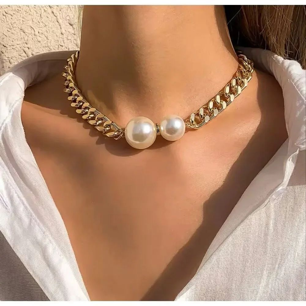 Zara Gold Chunky Chain Necklace with Double Pearl Pendant – NWOT